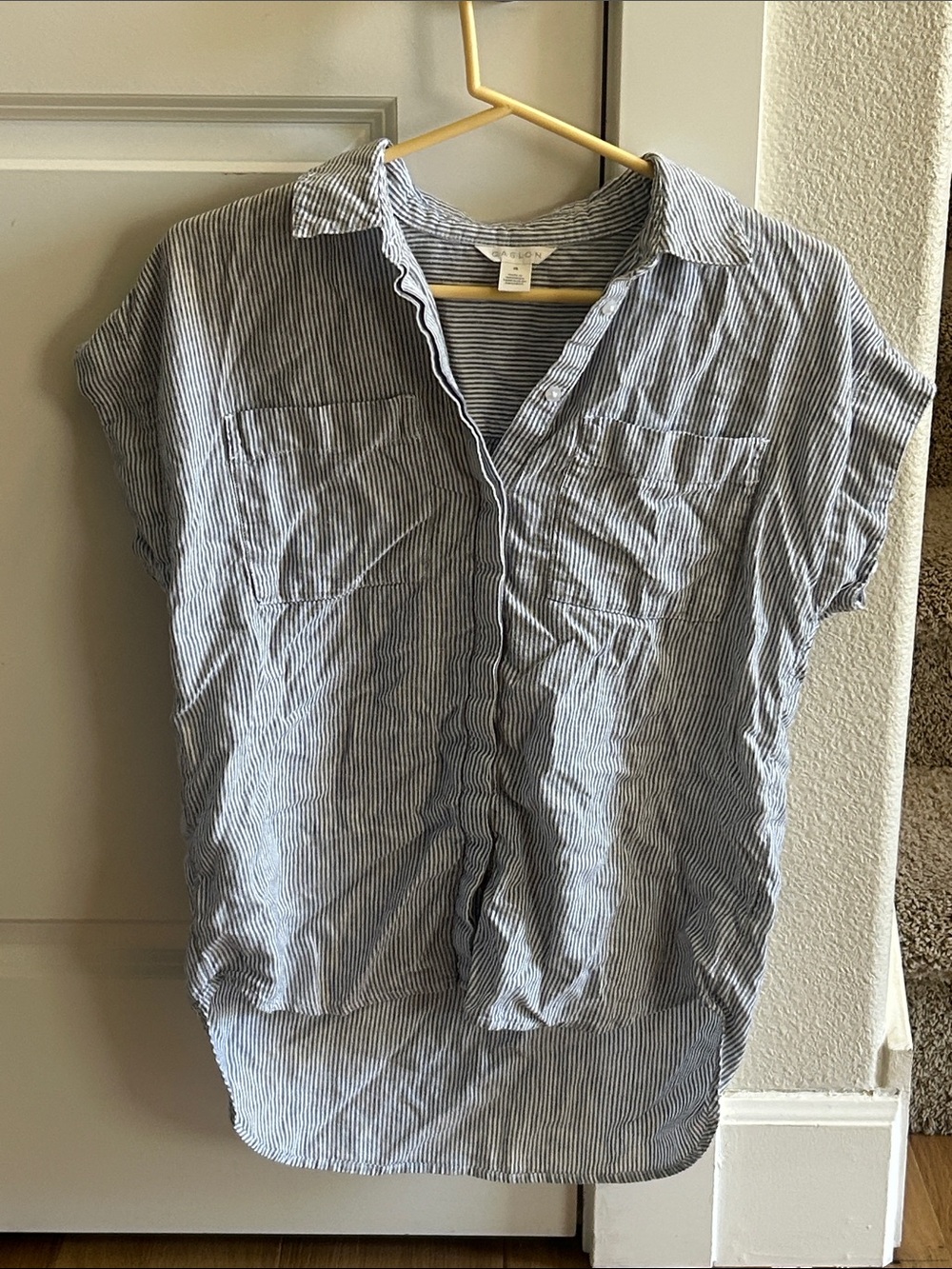 Caslon Blue & White Pinstriped Short Sleeve Button Shirt